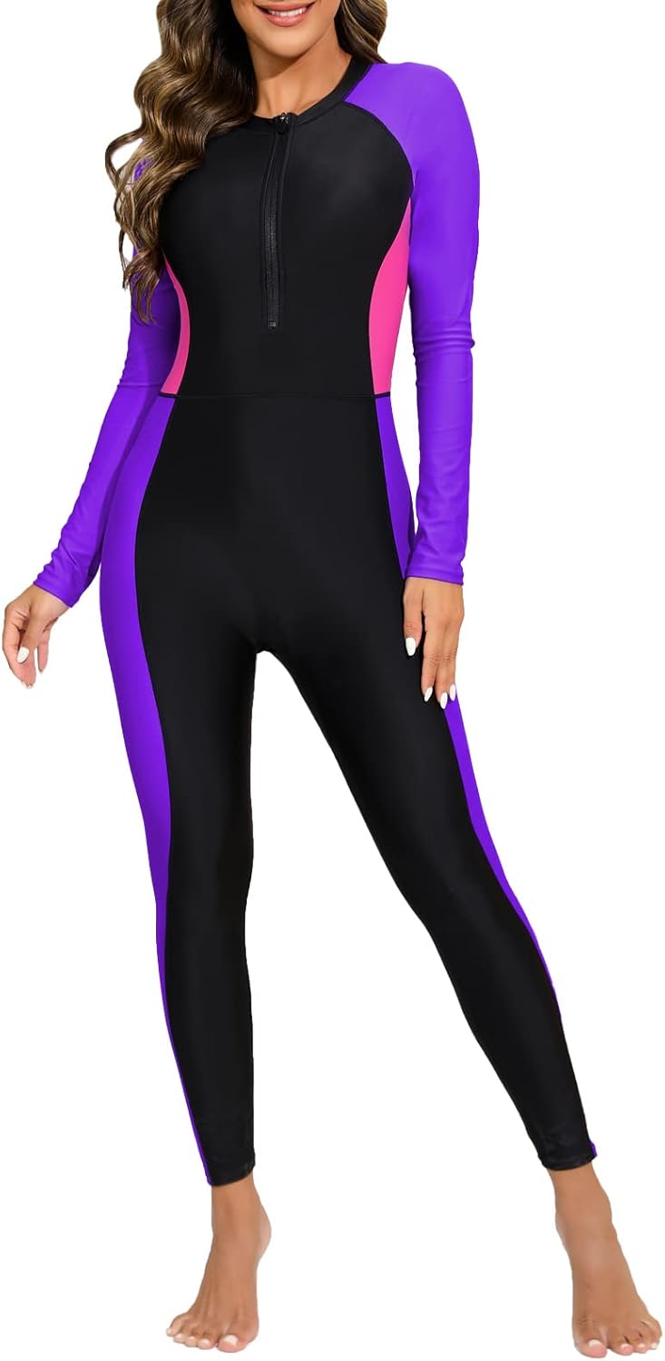 Womens Full Body Zip Front Rash Guard One Piece Bathing Suit