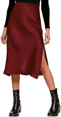 Womens Satin Silk High Waist Slit Midi Skirt - Sleek Everyday Midi