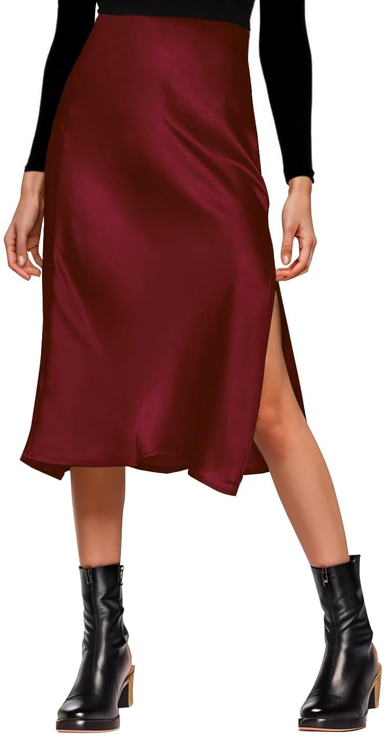Womens Satin Silk High Waist Slit Midi Skirt for Every Occasion