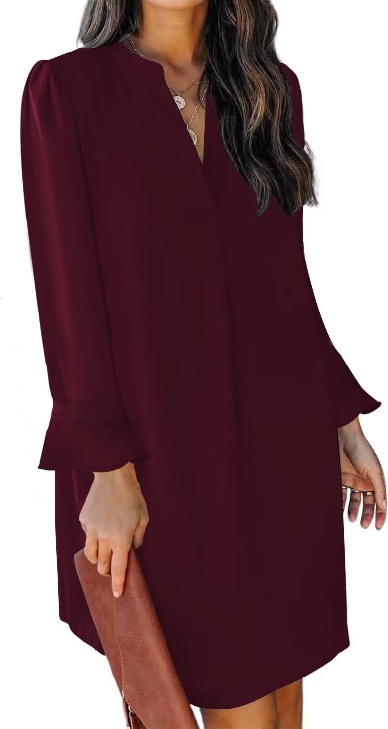 QACOHU Fall Dresses for Women V Neck Long Sleeves Flowy Style
