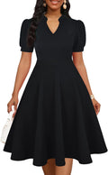 Womens Summer Short Puff Sleeve Fit and Flare Knee Dress - Pockets