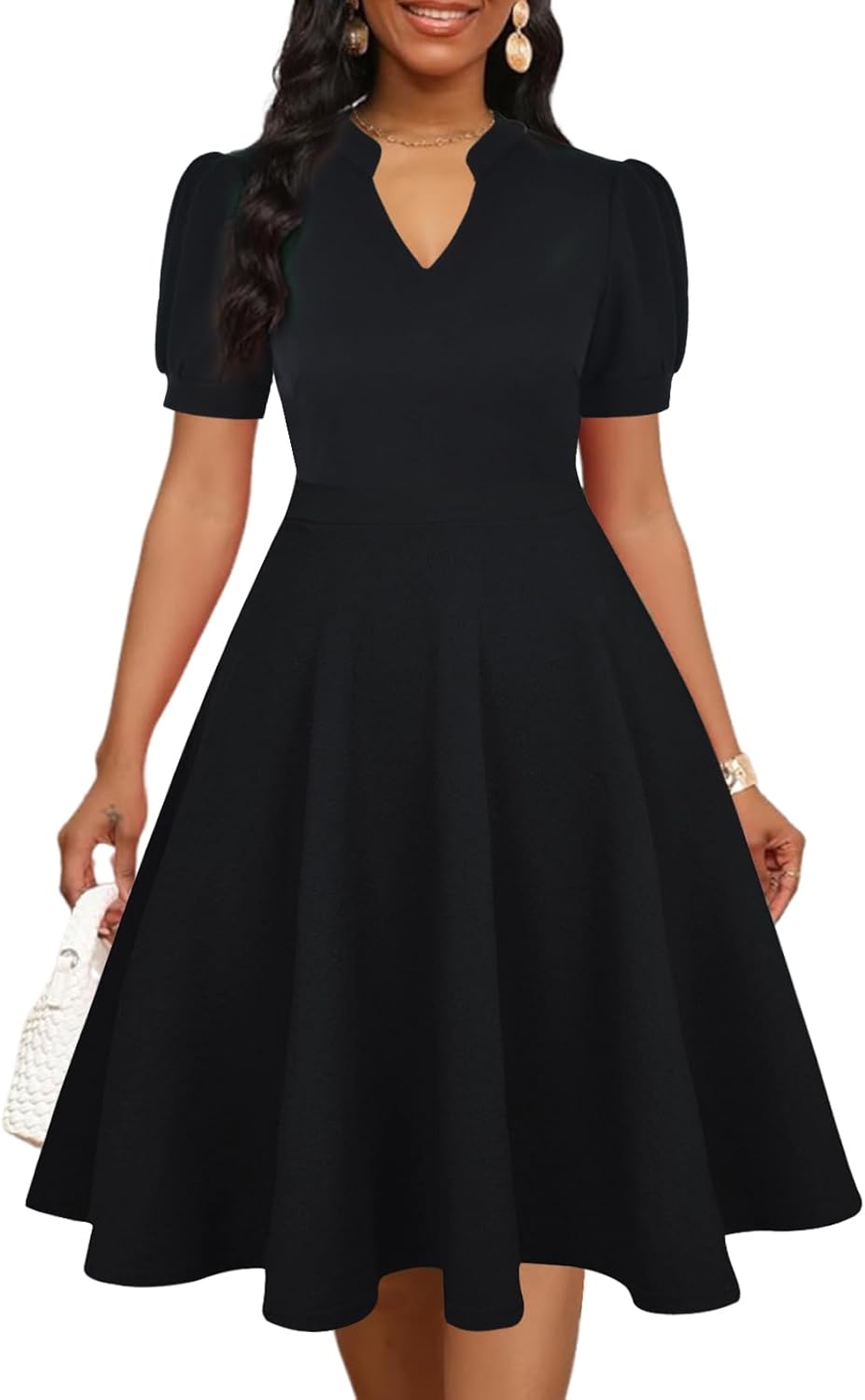 Mokayee Womens Summer Short Puff Sleeve Fit and Flare Dress