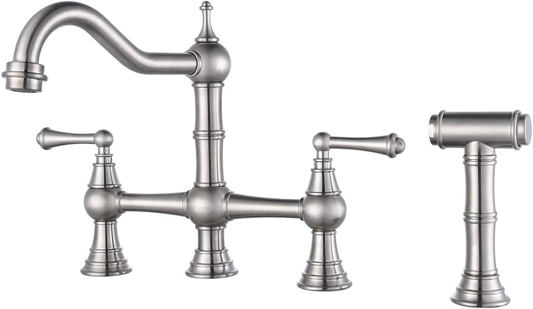 WOWOW 8 inch Centerset Bridge Kitchen Faucet with Brass Sprayer