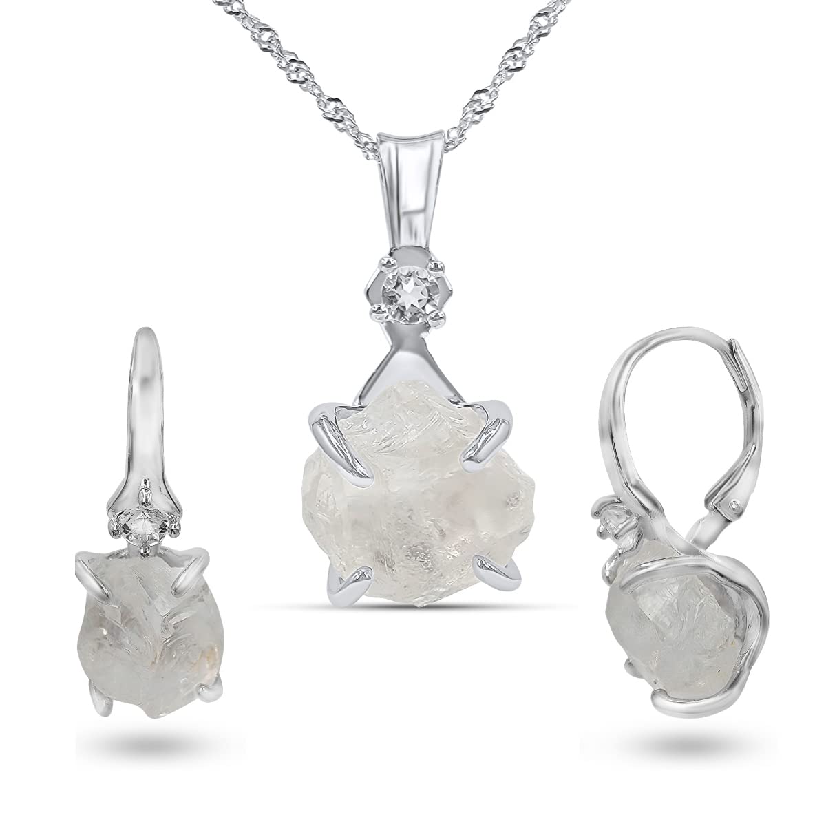 Real Raw Clear Quartz Drop Earrings and Necklace Set Gift