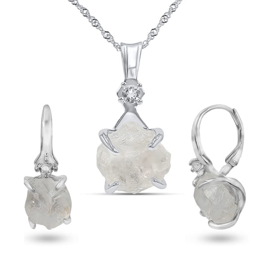 Real Raw Clear Quartz Drop Earrings and Necklace Set Gift