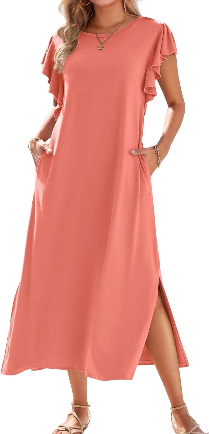 Zilcremo Women Summer Casual Ruffle Sleeve Maxi Beach Dress