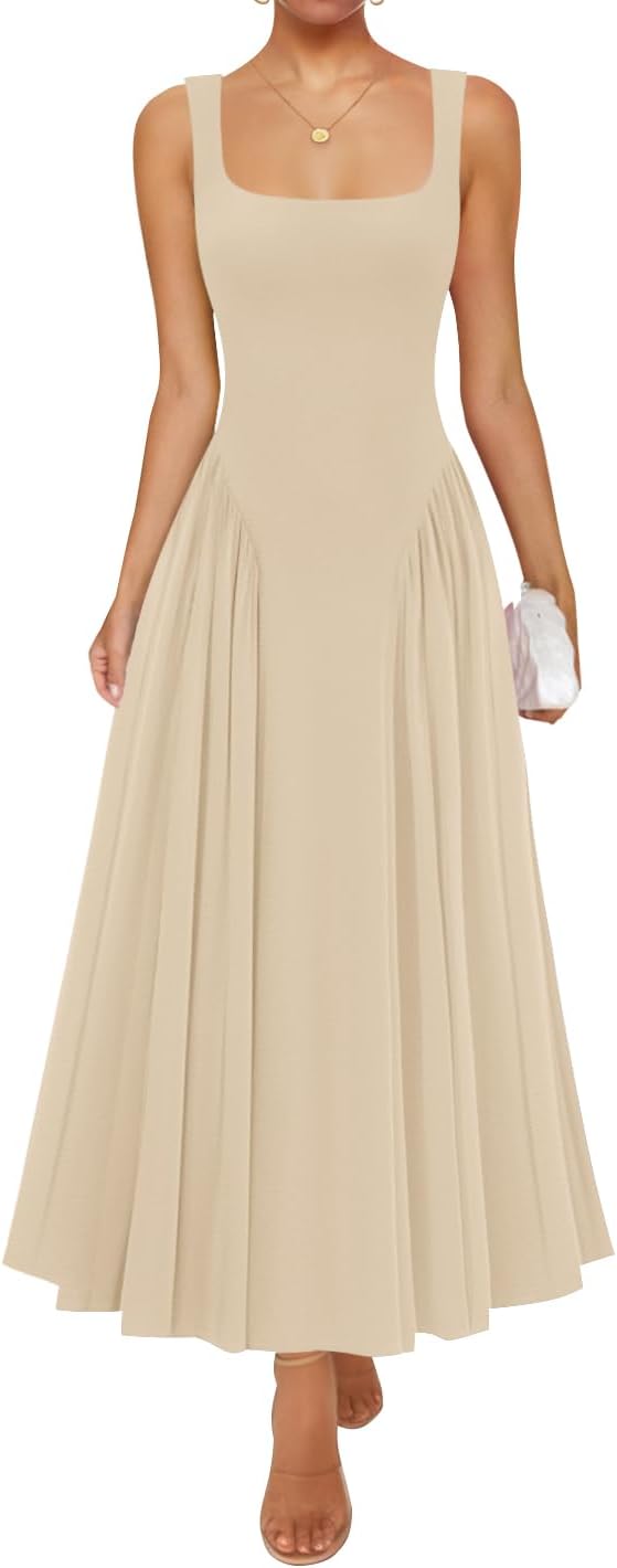 ZESICA Womens Summer Sleeveless Square Neck Sundress Maxi Dress