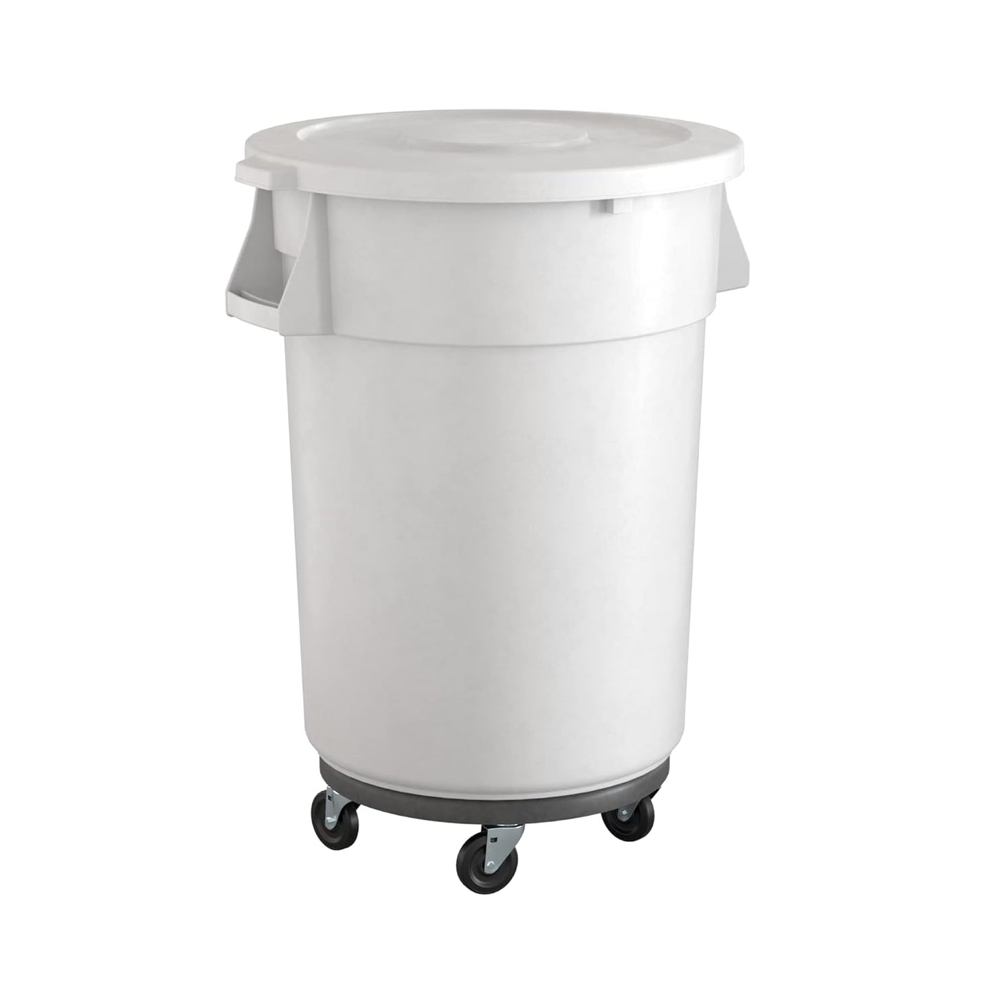 44 Gallon White Round Commercial Trash Can with Lid and Dolly