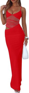 Women's Sexy V Neck Spaghetti Strap Maxi Dress - Backless Bodycon