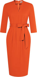 Womens Work V Neck 3/4 Sleeve Bodycon Dress - Tie Waist with Pockets