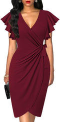 Women's Deep V Neck Ruffle Sleeve Faux Wrap Dress - Flattering
