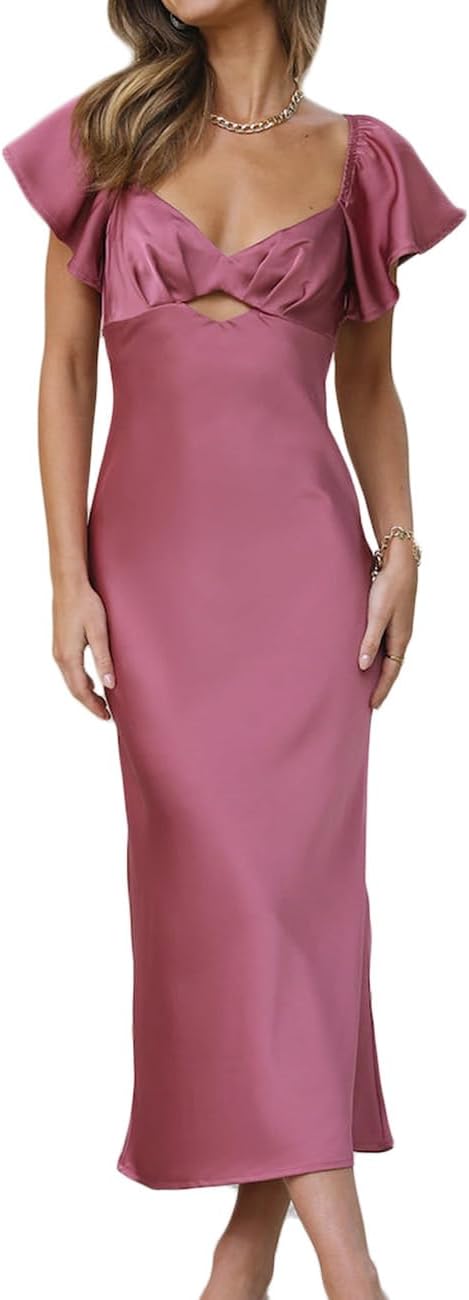 Summer Satin Flutter Sleeve Wedding Guest Dresses for Women
