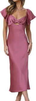 Summer Satin Flutter Sleeve Wedding Guest Midi Dress - Sweetheart sexy
