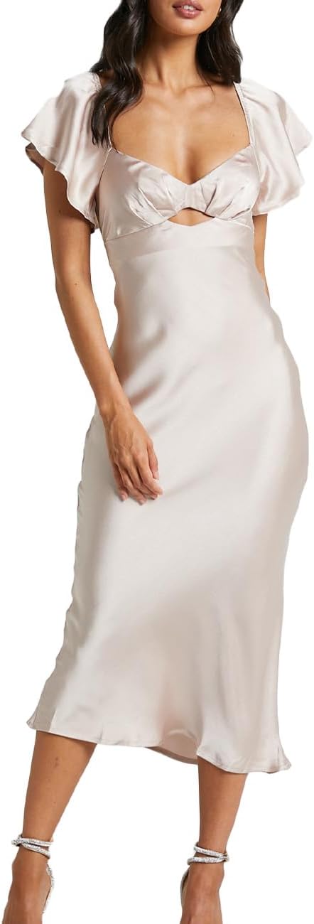 Summer Satin Flutter Sleeve Wedding Guest Dresses for Women