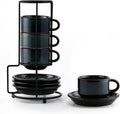 Stackable Porcelain Espresso Cups with Saucers and Stand - 4 oz Set