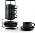 Stackable Porcelain Espresso Cups with Saucers and Stand - Space