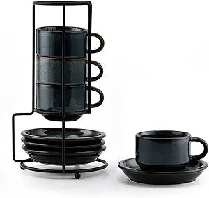 JIEMEI HOME Stackable Espresso Cups with Saucers and Stand