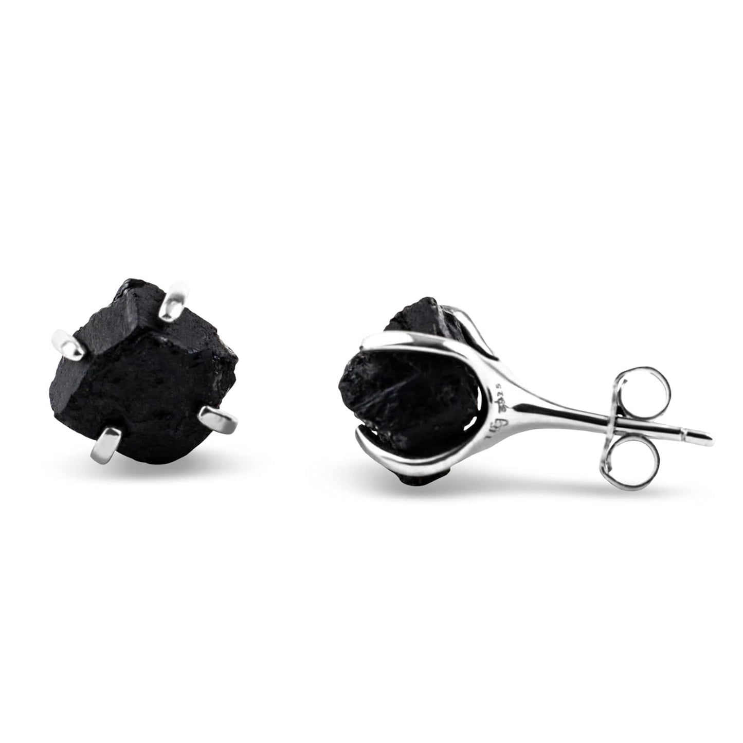 Natural Raw Black Tourmaline Stud Earrings in White Gold