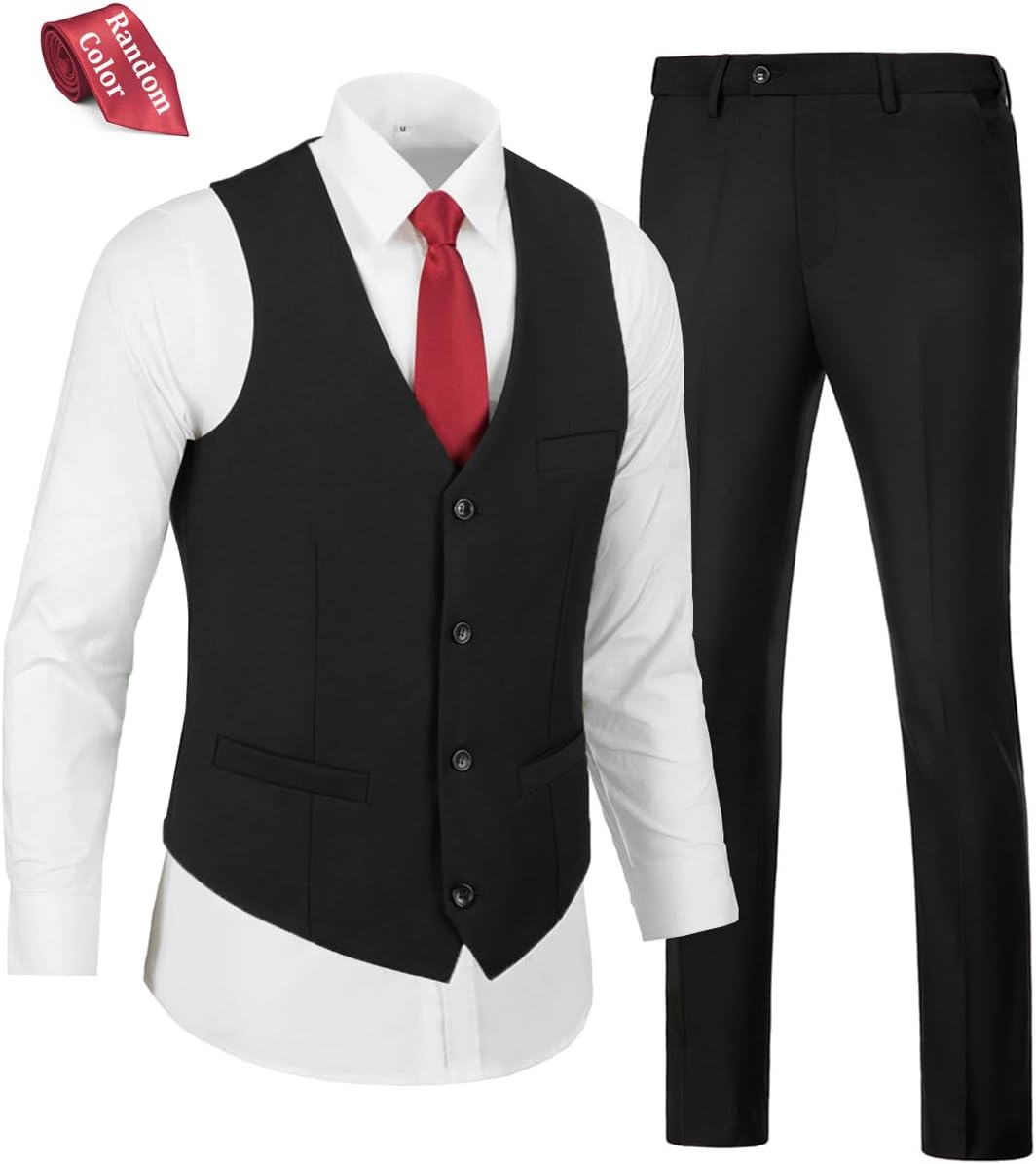 WOMS Mens Slim Fit Wedding Groomsmen Suit Vest Pants Set