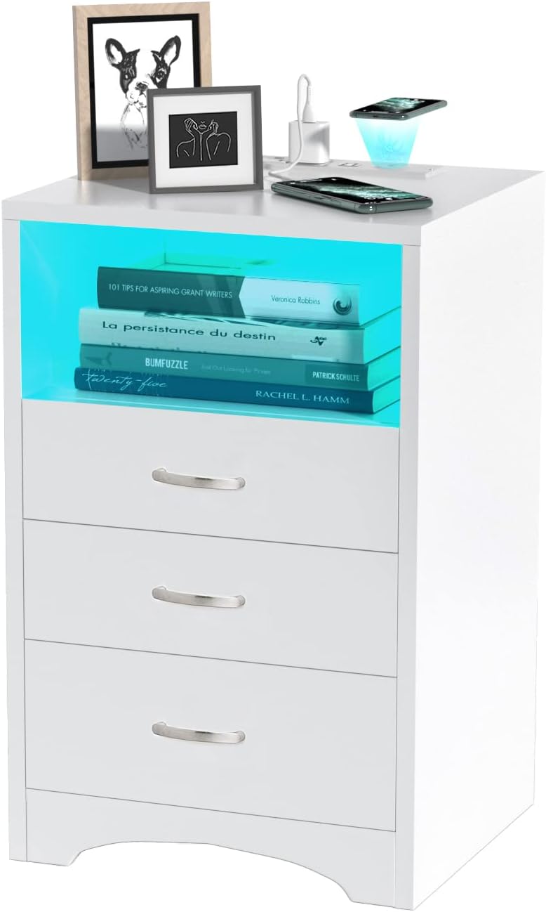 White Nightstand with Wireless Charging and LED Lights Features