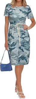 Women's Short Sleeve Crewneck Striped Tie Waist Dress - Comfortable