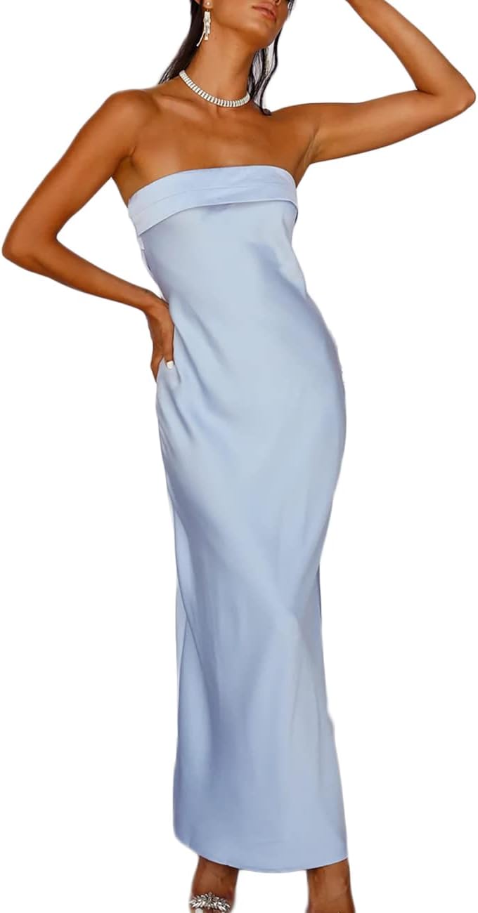 Realtix Satin Silk Backless Tube Tops Maxi Dress for Women