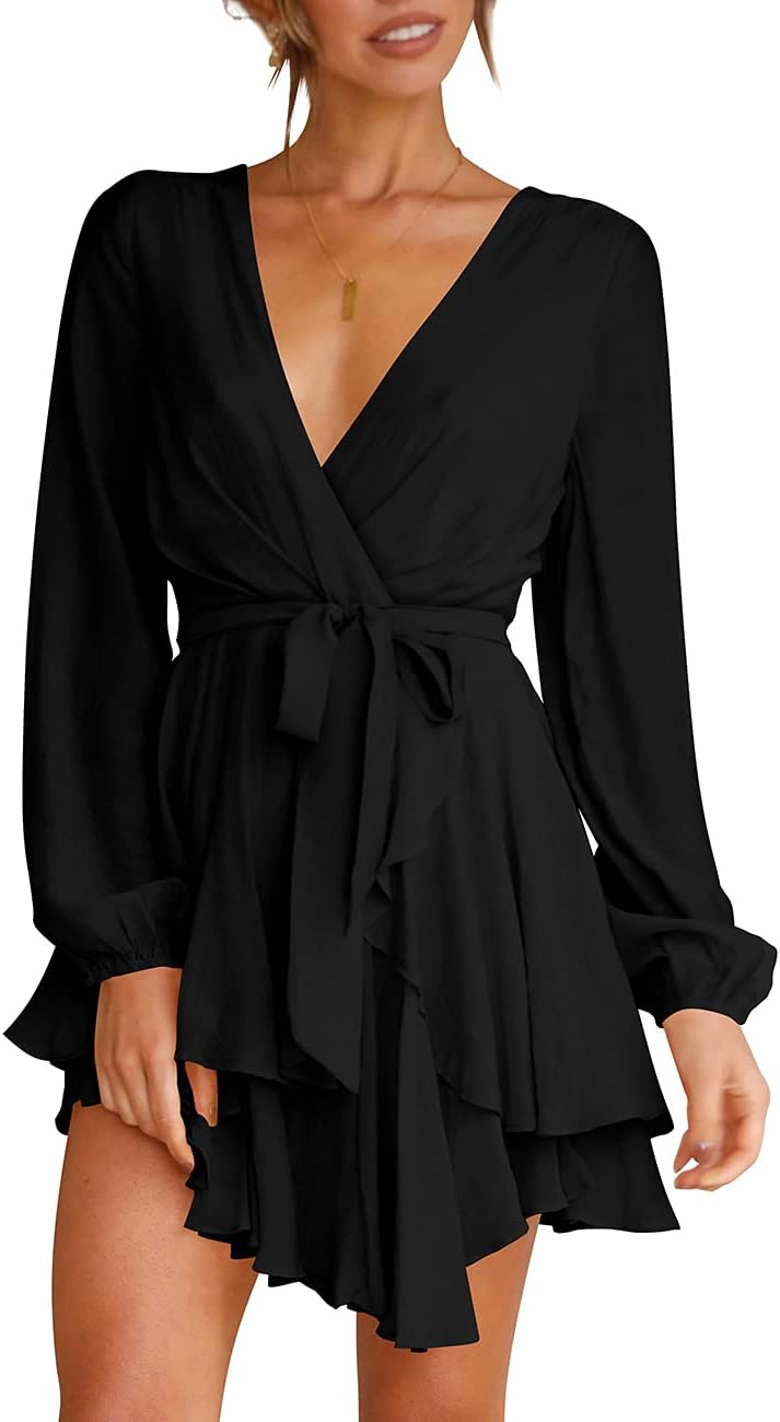 Cosonsen Women's Deep V-Neck Long Sleeve Mini Swing Dress