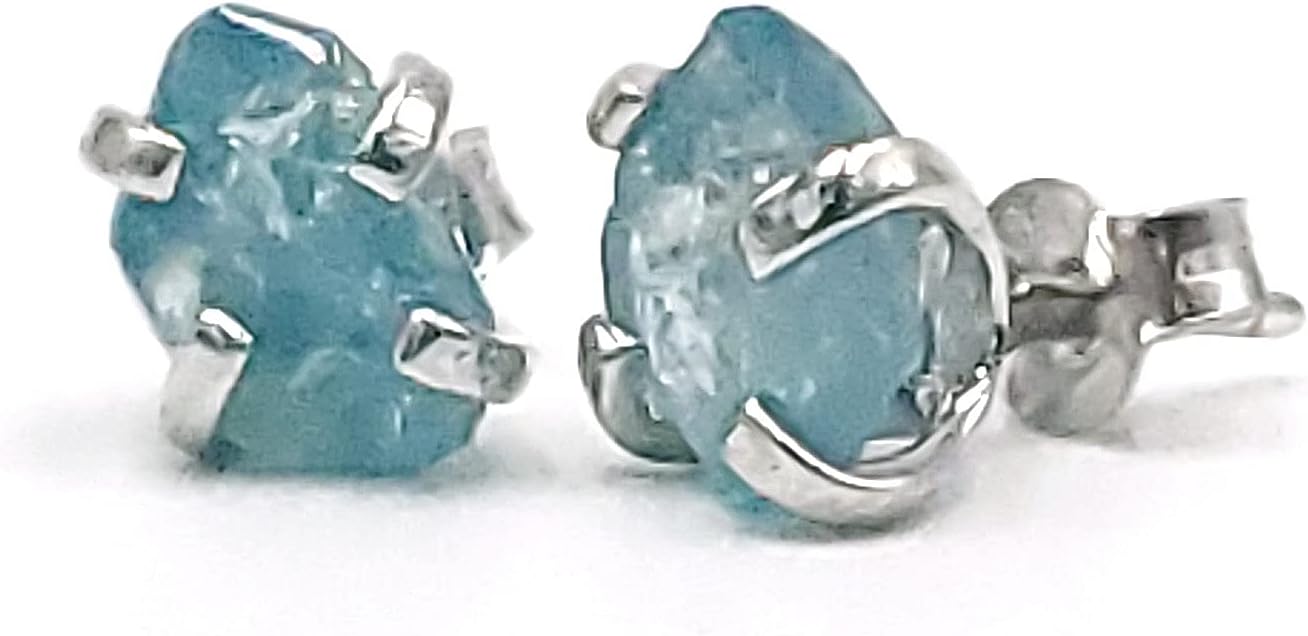 Natural Raw Gemstone Stud Earrings in White Gold Over Silver