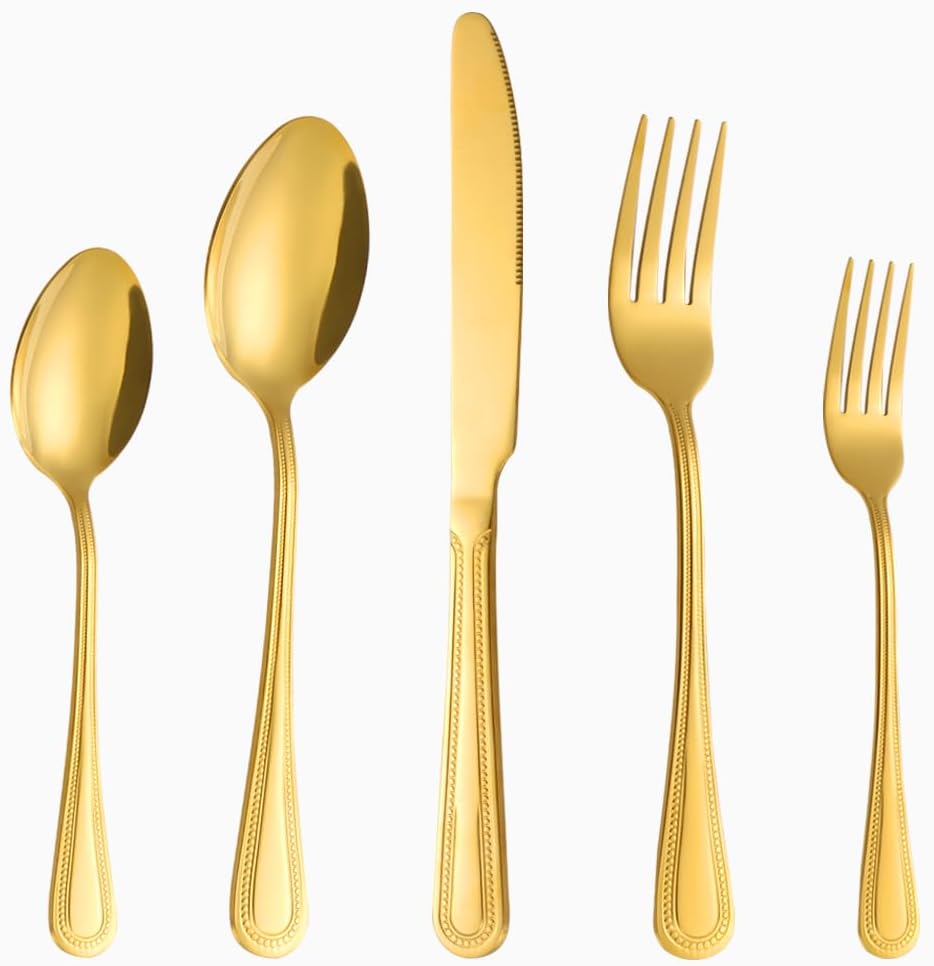 40 Pcs Gold Silverware Set for 8 with Pearled Edge Design