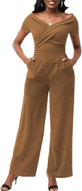 Women's Casual Long Sleeve Round Neck Jumpsuits Work Wide Leg Pants be