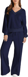 Women 2 Piece V Neck Sweatsuit Tracksuit Lounge Set - Wide Leg Fit