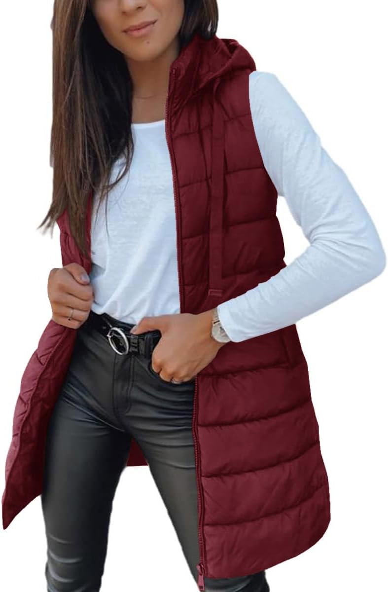 Veatzaer Women Long Vest: Stylish Sleeveless Hooded Puffer