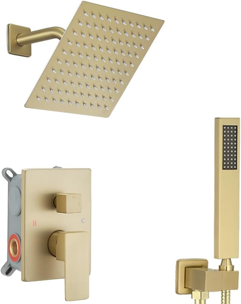 Brushed Gold Shower System 8 Inch Luxury Rain Mixer Combo Set