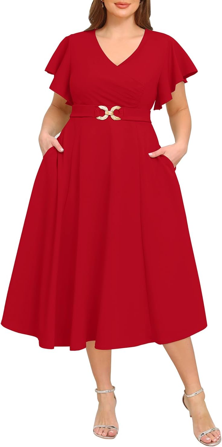 Pinup Fashion Plus Size A-Line Midi Dress with Pockets for Weddings