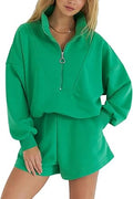 2 Piece Sweatsuit Outfits For Women Half Zip Pullover and Shorts