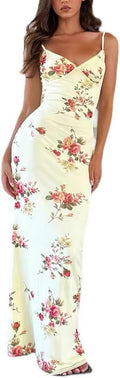 Women Vintage Spaghetti Strap Satin Floral Maxi Dress - Backless Cami