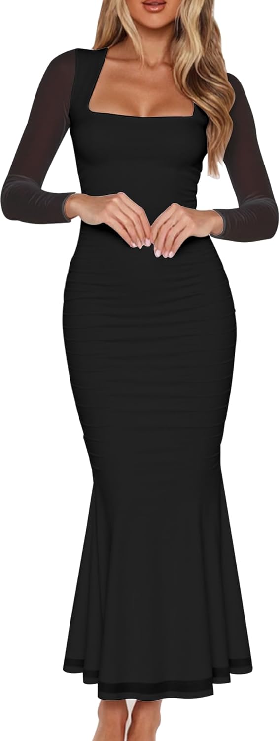 BORIFLORS Women's Ruched Bodycon Long Sleeve Maxi Dress