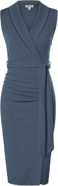 Work Sleeveless Ruched Bodycon Midi Dress for Women - Belted Office
