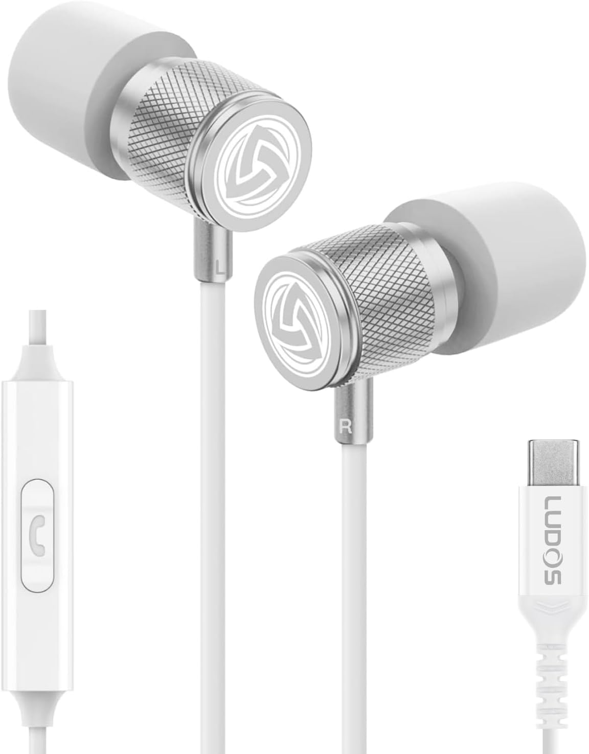 LUDOS USB-C Headphones - 5 Year Warranty, Magnetic Earbuds for iPhone, Samsung - White