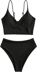 V Neck Tankini Set Ribbed High Cut Surplice Bikini - Flattering Fit