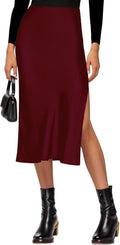 Satin High Waisted Midi Skirt with Side Slit - Flattering A Line Fit