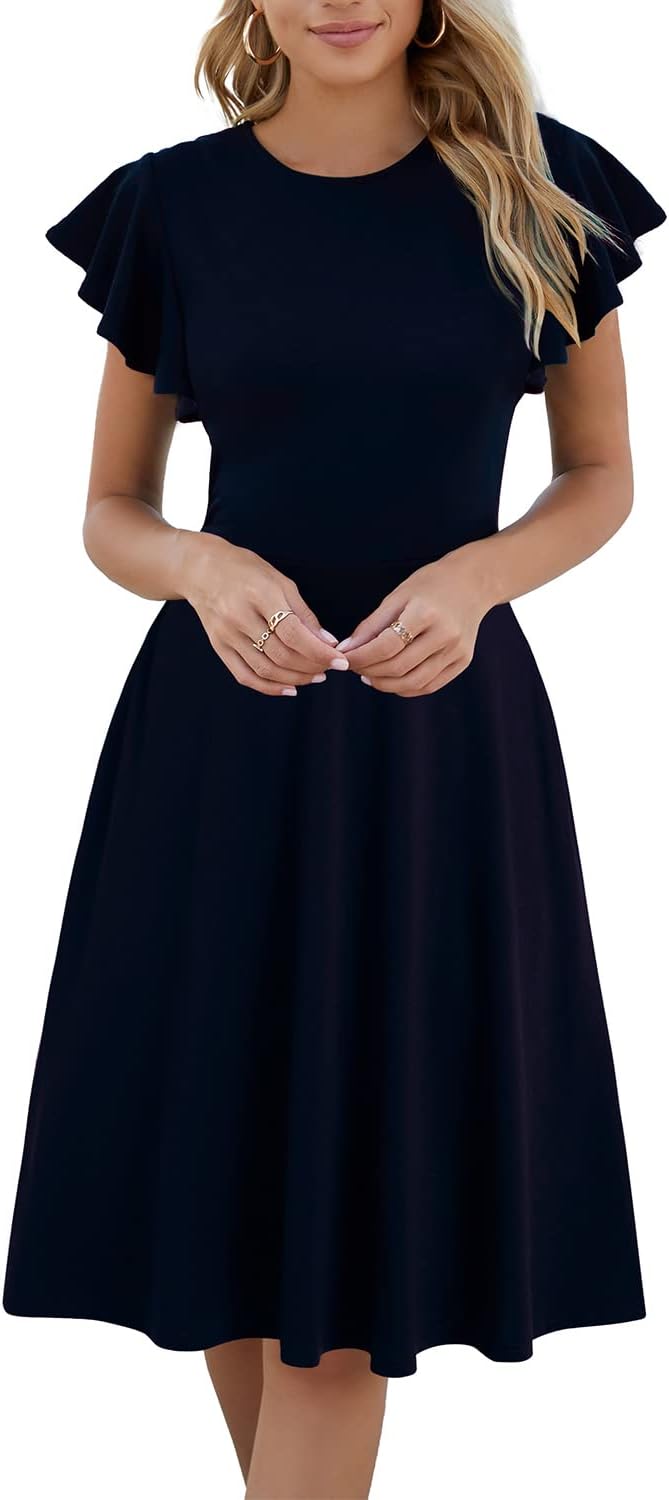 HELYO Women's Ruffle Sleeves V-Back Cocktail Dress with Pockets