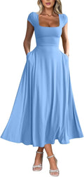 Women's Casual Square Neck Maxi Dress with Pockets - Soft Double Layer