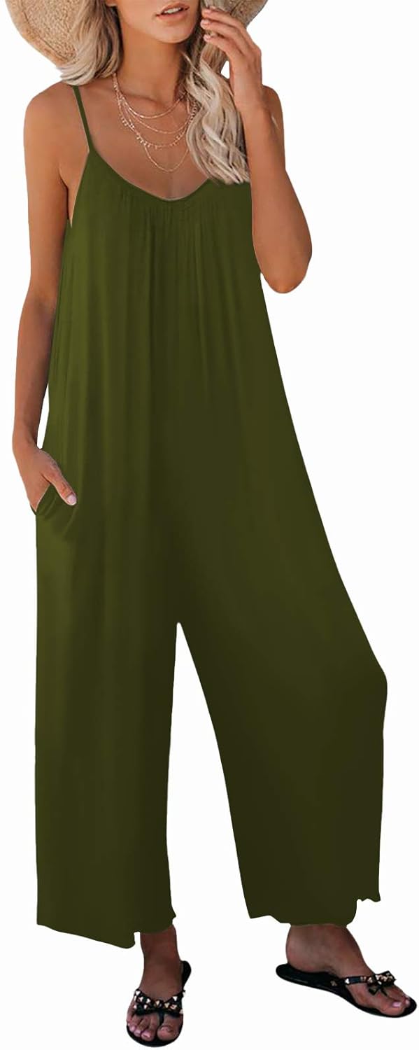 Womens Casual Sleeveless Strap Loose Jumpsuits with Pockets