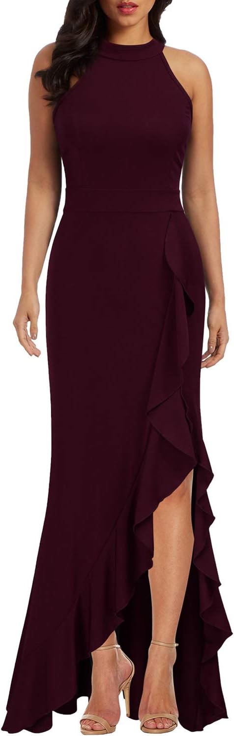 WOOSEA Women's High Neck Split Bodycon Mermaid Evening Dress