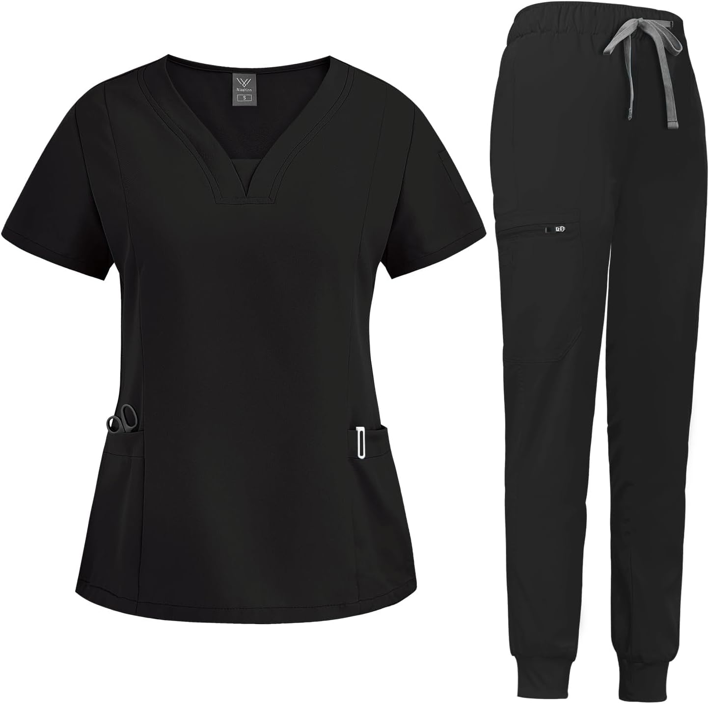 Niaahinn Scrub Suit Set for Women with V-neck Top & Jogger Pants