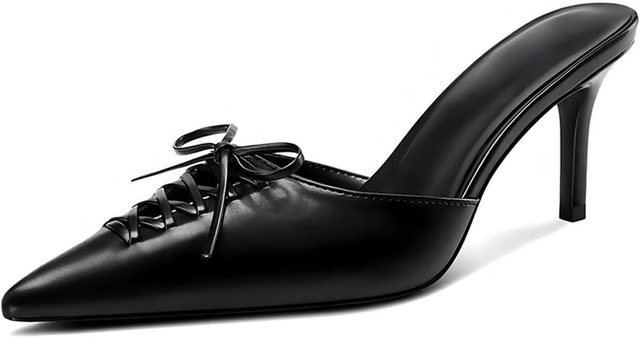 Dsevht Black Kitten Heels for Women with Vintage Bow Design