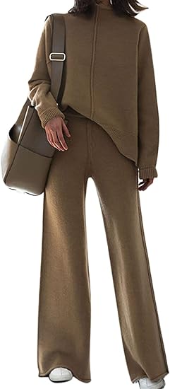 Fixmatti Women Knitted Outfits High Neck Sweater Wide Leg Pant Set