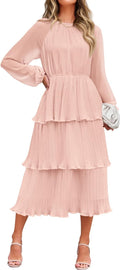 Long Sleeve Ruffle Tiered Chiffon Midi Dress - Flowy Swing