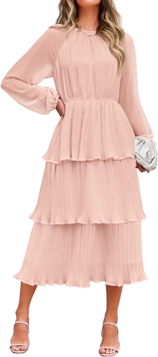 ZESICA Women's Long Sleeve Crew Neck Ruffle Midi Dress Review
